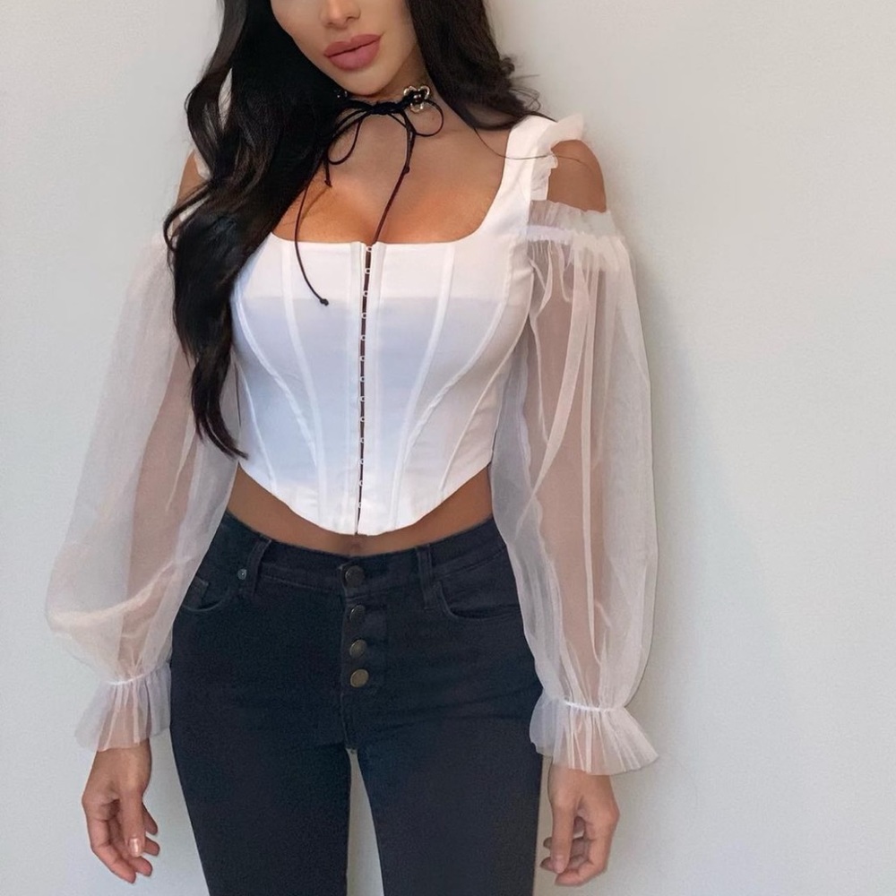 Womens white corset style top with sheer sleeves size small
